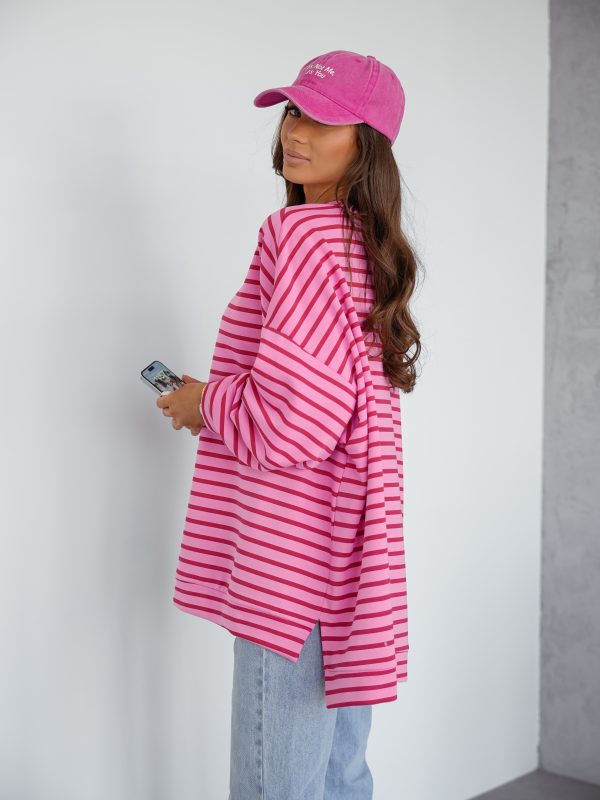 BLUZA duża oversize mucha me gusta paski czerwono-różowe