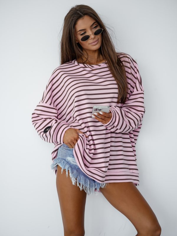 BLUZA duża oversize mucha me gusta paski róż-czekolada