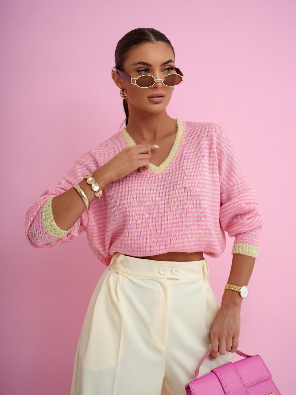 SWETER Z DEKOLTEM V PASKI ŻÓŁTO-RÓŻOWE ME GUSTA