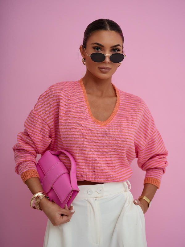 SWETER Z DEKOLTEM V PASKI POMARAŃCZOWO-RÓŻOWE
