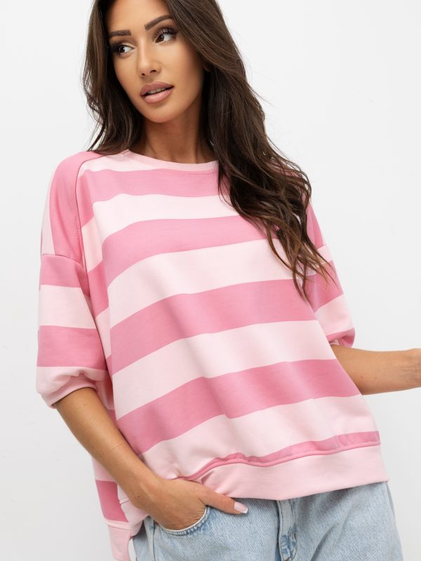 Bluza oversize Stripes  W PASKI PUDROWO-CUKIERKOWY RÓŻ